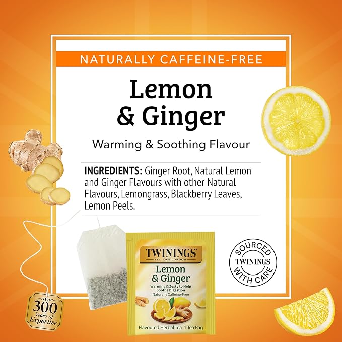 Twinings Lemon & Ginger Herbal Tea Individually Wrapped Bags, 100 Count (Pack of 1), Tangy Lemon, Spicy Ginger, Naturally Caffeine-Free, Enjoy Hot or Iced, 100 Teabags