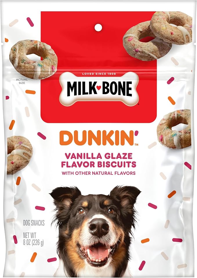 Milk-Bone Dunkin’ Vanilla Glaze Flavor Dog Biscuits, 8 Oz. | Vanilla glaze flavor with other natural flavors, Donut-inspired dog treats