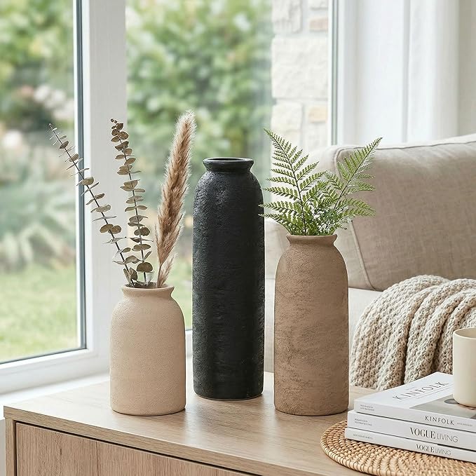 Ceramic Vase Set of 3, Small Flower Rustic Vase Home Decor Neutral Modern Farmhouse Boho Pampas Pottery Vases Decorative Centerpiece for Table Mantel Shelf Living Room Kitchen Bathroom