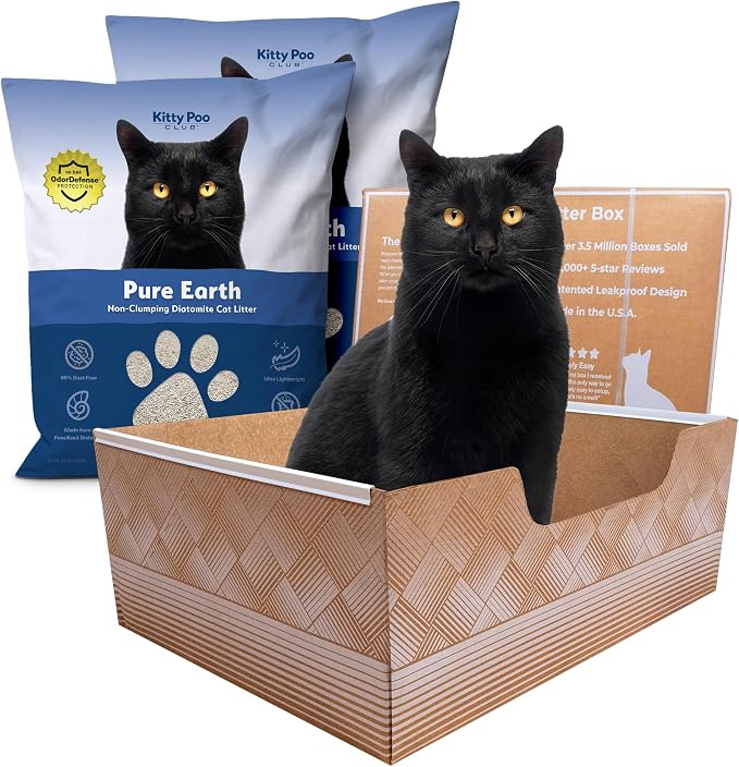 Kitty Poo Club Disposable Cat Litter Box 2-Pack with Diatomite Litter | Two 7.5 lb Bags, Porous Mineral Formula, Lightweight Handling, Fast Absorption, and Leak-Proof Setup for Travel or Home