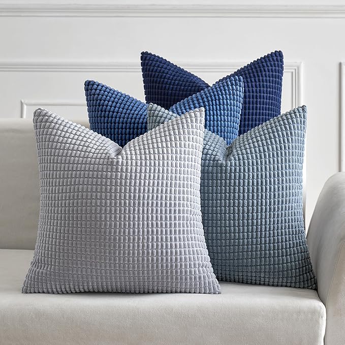 MIULEE Decorative Euro Sham Pillow Covers 22x22 Inch Set of 4 Coastal Blue | Boho Western Farmhouse Home Decor, Throw Pillows, Summer Coastal Industrial Corduroy Pillowcases for Sofa Living Room Bed