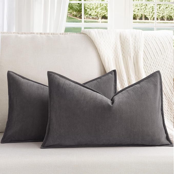 Rustic Gray Pillow Covers 12x20 Set of 2 Chenille Throw Pillow Covers with Elegant Design Soft and Luxurious Decorative Throw Pillows for Couch, Bed, and Home Decor