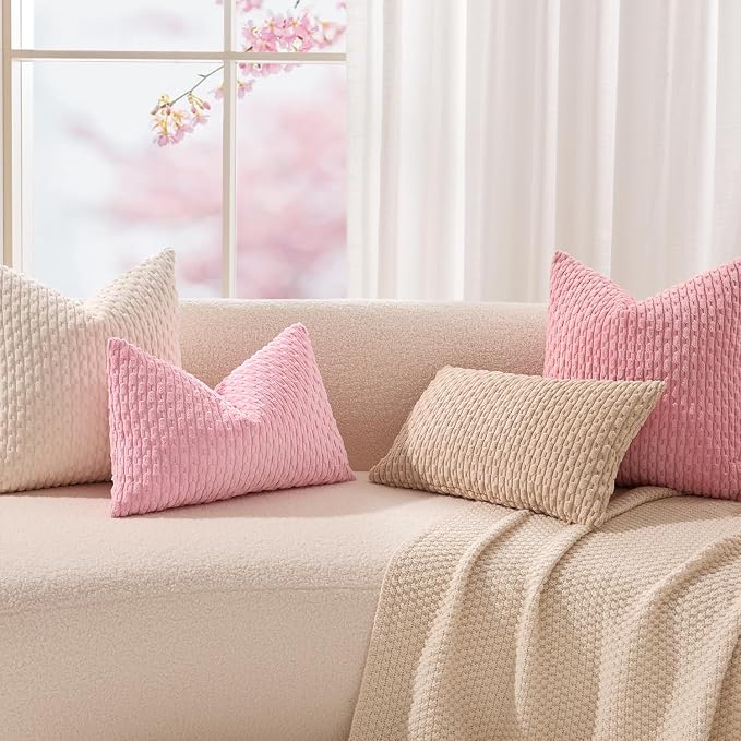 Kevin Textile Soft Corduroy 14"x24" Lumbar Pillow Cover 1 Pack, Dark Pink | Boho Stripe Plush Corduroy Decorative Oblong Cushion Cover Modern Farmhouse Home Decor for Sofa Couch Bed Chair