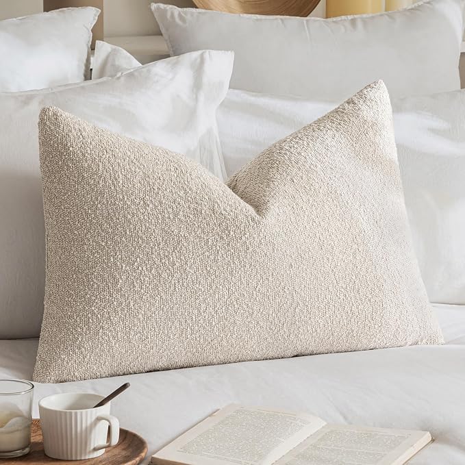 MIULEE Textured Boucle Lumbar Pillow Cover for Bed 16x24 Beige | Pack of 1 Textured Neutral Couch Throw Pillow Cover, Accent Solid Pillowcase, Sofa Living Room Home Decor