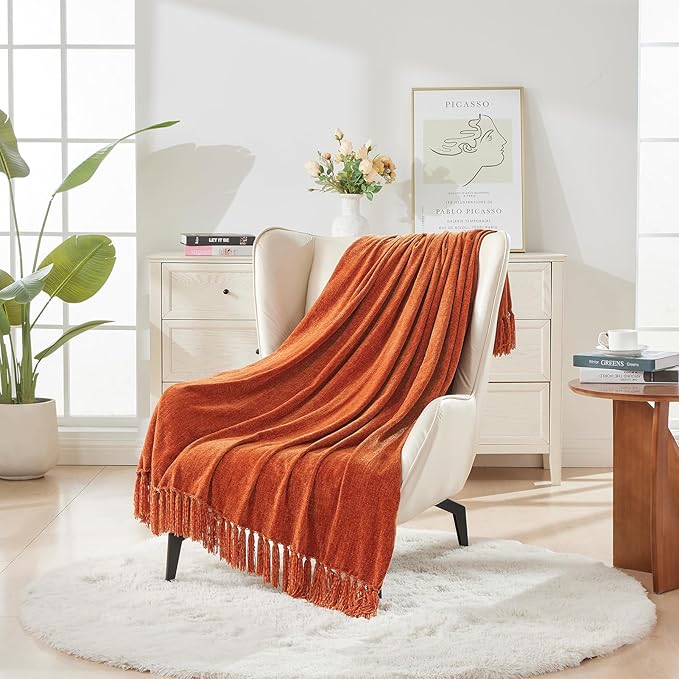 CozeCube Chenille Throw Blanket, Rust Orange Fringe Blanket, 50"X60" | For Couch, Cozy Plush Fuzzy Decorative Blanket with Fringe Tassels, Lightweight Throws for Bed Sofa Gift Home Decor
