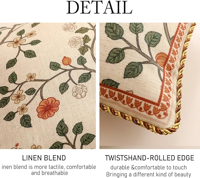 Designer Elegant Linen Throw Pillow Cover,Set of 2,20"x12"-Flora A | French Rectangle Decor Pillow Cover,Concealed Zipper Design,Floral Pattern,Sofa,Bedroom,Living Room,Lounge Chairs