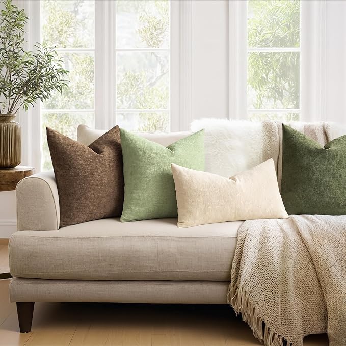 MIULEE Sage Green Chenille Couch Throw Pillow Covers, 18x18 | Set of 2, Soft Modern Farmhouse Style, Decorative Pillowcases for Sofa Living Room Bed, Home Decor