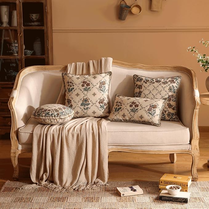 patdrea Designer French Vintage Linen Throw Pillow Cover,18"x18"-Audrey A | Decorative Pillow Case with Zipper,Brown Floral Pattern,Pillow Cover for Couch Living Room Bedroom Sofa