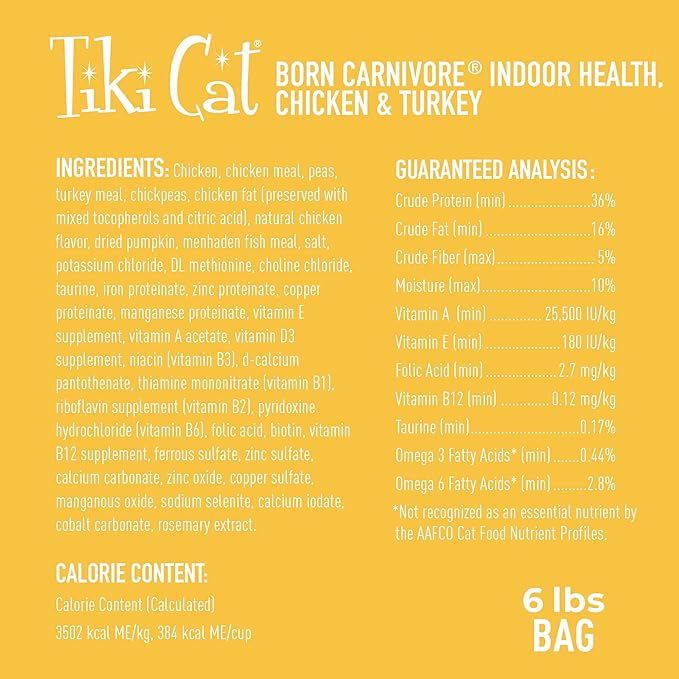 Tiki Cat Born Carnivore Indoor Health, Chicken & Turkey Meal, 6 lbs Bag | Crunchy Kibble Texture for Indoor Cats, Real Animal Protein, Non-GMO Ingredients, Supports Immune and Digestive Health