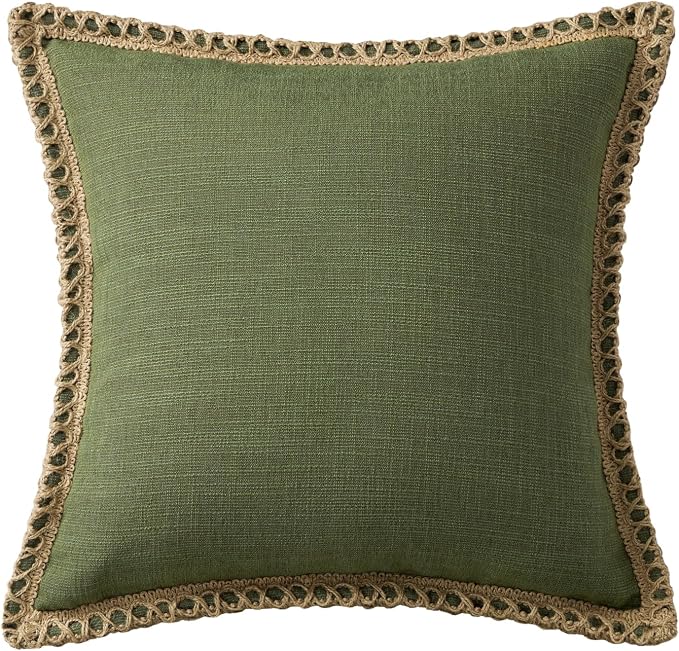 Phantoscope Pack of 2 Farmhouse Decorative Throw Pillow Cover Solid Burlap Linen Trimmed Tailored Edges, Olive Green, 20 x 20 inches, 50 x 50 cm