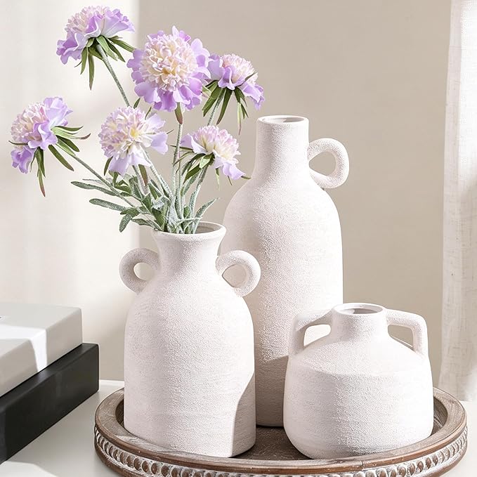 Ceramic Vase Set, 3Pcs Flower Vases for Modern Boho Farmhouse Decor, Decorative Vases for Pampas Grass & Dried Flowers, Distressed Finish