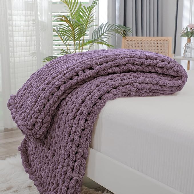 Bigacogo Chunky Knit Throw Blanket for Couch, 40x40 inches, Winter Grape | Hand Knit with Jumbo Chenille, Soft Breathable Cable Knit for Sofa Bed Living Room, Machine Washable, Gift for Mom Friend