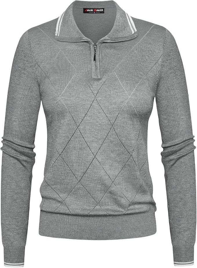 JACK SMITH Quarter Zip Pullover Sweaters for Womens, Rib Polo Sweater Tops | V Neck,Knit,Long Sleeve,Argyle,Open Pattern,Callar,Lightweight,Fashion,Golf Work Business Daily Wear Versatile Pullover Shirt