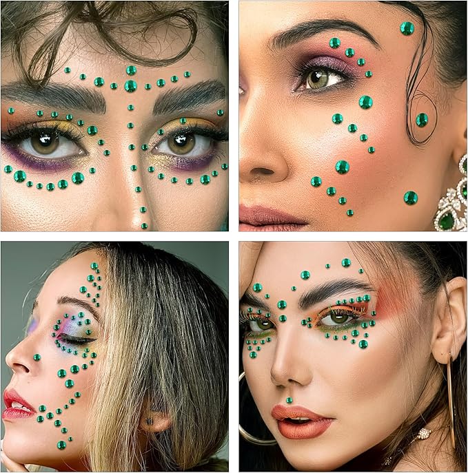 591pcs Face Gems Hair Gems Pearls, Self-Adhesive Face Jewels Eye Rhinestones 3/4/5/6/8 mm Face Gem Stick on, Halloween Makeup Gems Rave Accessories for Face Eyes Body Makeup (20.Dark Green)