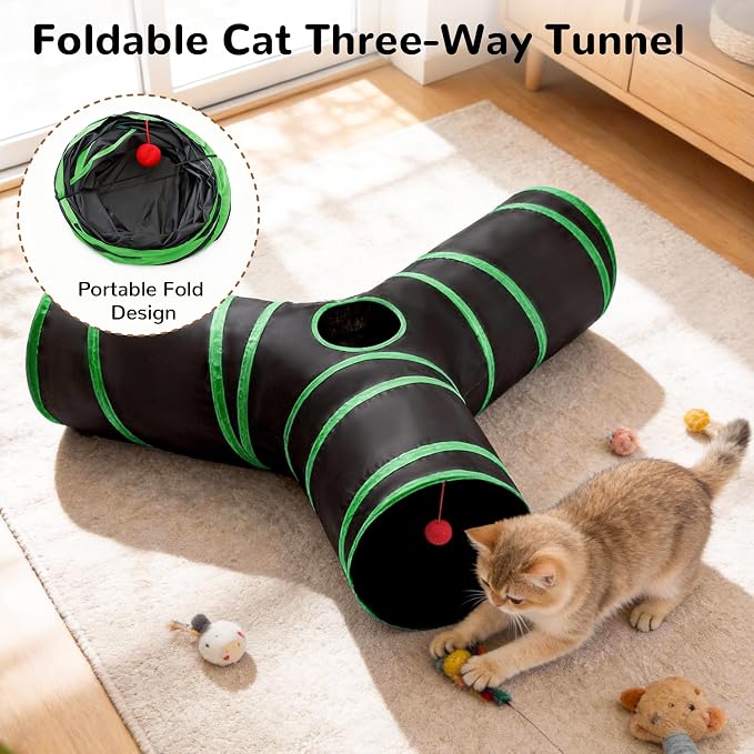 Tempcore Cat Tunnel, 3-Way Collapsible Toy, Large Size Black & Green