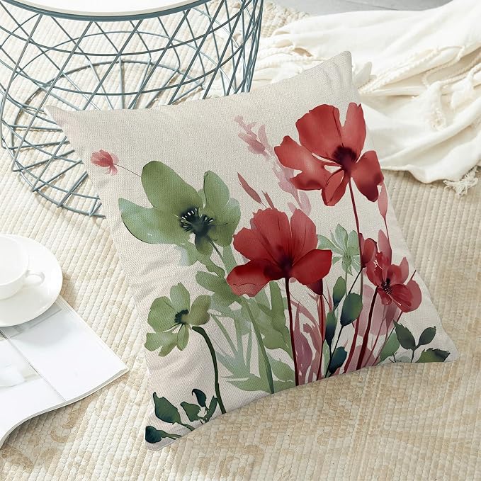 Floral Pillow Covers 18x18 Inches Set of 2 Sage Green Burgundy Red Floral Throw Pillow Covers Outdoor Rustic Summer Flower Decor Pillowcase Farmhouse Decorative Cushion Cover for Home Sofa