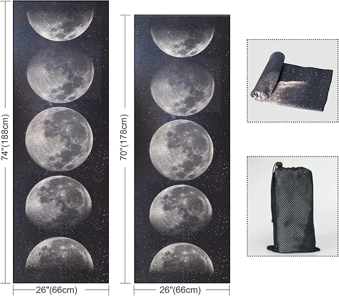 QiyI Yoga Mat Towel with Corner Pockets, Non Slip Sweat Absorbent Hot Yoga Towels, Soft Yoga Blankets with Travel Bag, Skidless Mat Cover for Workout, Gym, Fitness - 70"x26", Moon Cycle