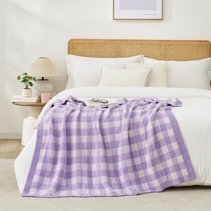 Snuggle Sac Checkered Throw Blanket for Couch, Super Soft Cozy Warm Knit Netural Decorative Fluffy Blankets, Reversible Buffalo Plaid Microfiber Throws for Sofa Bed, Plaid Purple, 50x60 Inches