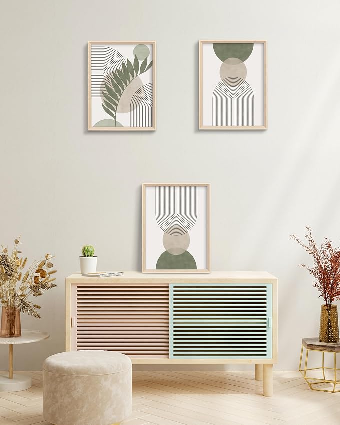 Boho Sage Green Framed Wall Art, Abstract Canvas Prints | 12x16IN Set of 3,High Framed Design Canvas Prints,Minimalist Green Abstract Wall Decor for Living Room Bedroom Gallery Office
