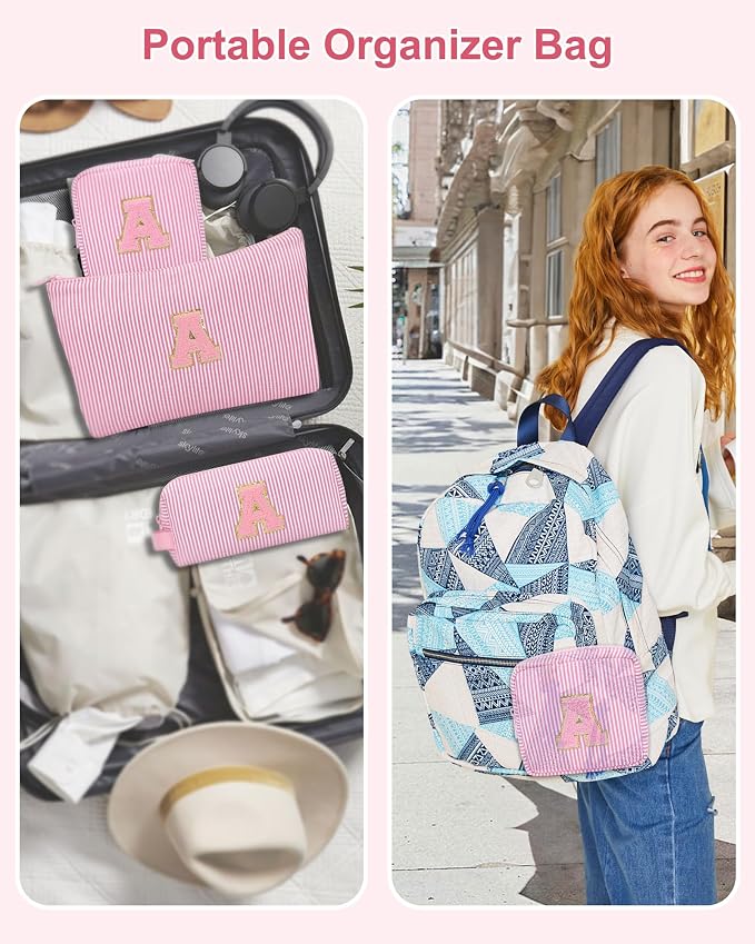 MONSTINA Initial Period Bag Sanitary Napkin Storage Bag Tampon Pouch Portable Feminine Care First Period Kit for Teen Girls Women Gift for Her Cute Toiletry Bag,3PCS,Pink O