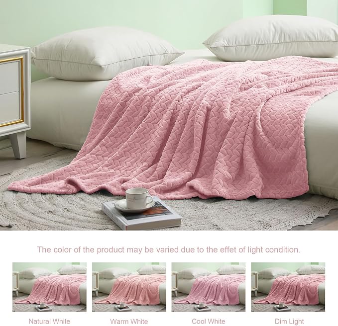 Exclusivo Mezcla Fleece Pink Throw Blanket for Couch Sofa Bed, 50”x70” | Oversized Soft Cozy Fluffy Blankets for Summer, Decorative Plush Flannel Throws for Living room, Bedroom with Leaves Pattern