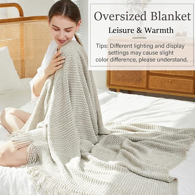 Blagic Wheat Textured Knit Throw Blanket for Couch,Grey and White,50"x60" | Soft Farmhouse Boho Throw Blanket with Tassels,Decorative for Living Room,Gifts for Adults,All Season Use