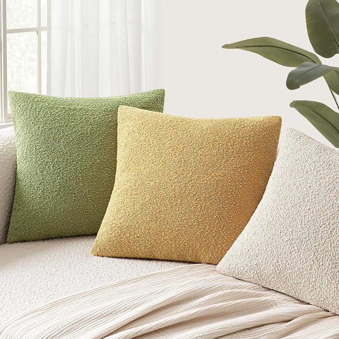 Foindtower Pack of 2 Textured Boucle Throw Pillow Covers Accent Solid Pillow Cases Cozy Soft Decorative Couch Cushion Case for Couch Chair Sofa Bedroom Living Room Home Decor 18x18 Inch Light Yellow