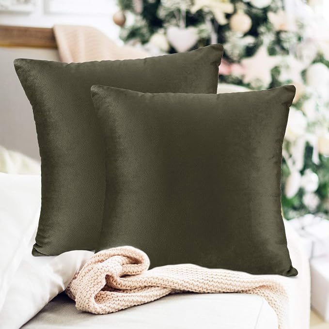 Nestl Throw Pillow Inserts Pack of 2 with Velvet Soft Solid Decorative Square Throw Pillow Covers Set for Sofa Couch Car Bedroom, 22X22 Throw Pillows Inserts with 20x20 Washable Cushion Covers, Khaki