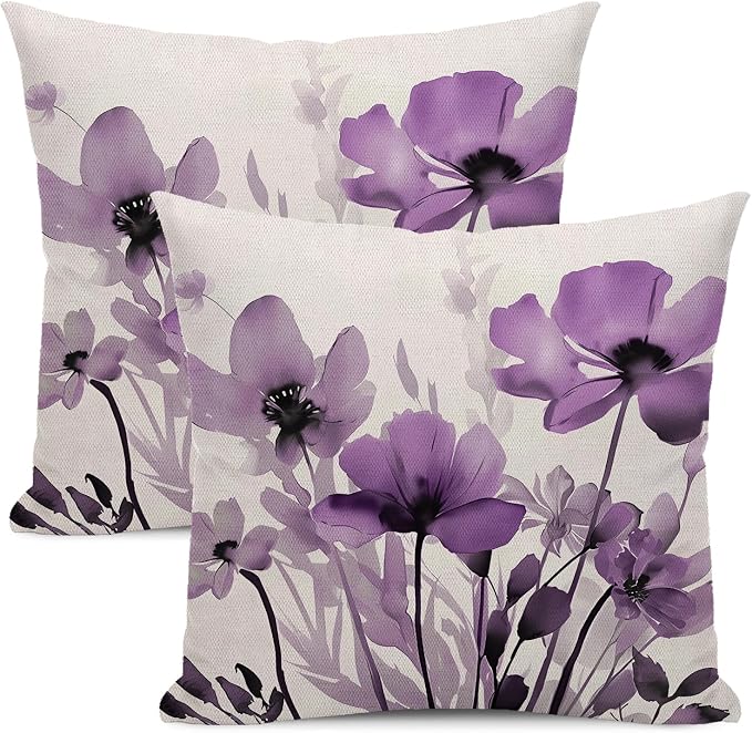 Spring Floral Pillow Covers 18x18 Inches Set of 2,Purple Floral Throw Pillow Covers Outdoor Summer Flower Decoration Pillowcase Farmhouse Decorative Square Cushion Cover Decor for Home Sofa