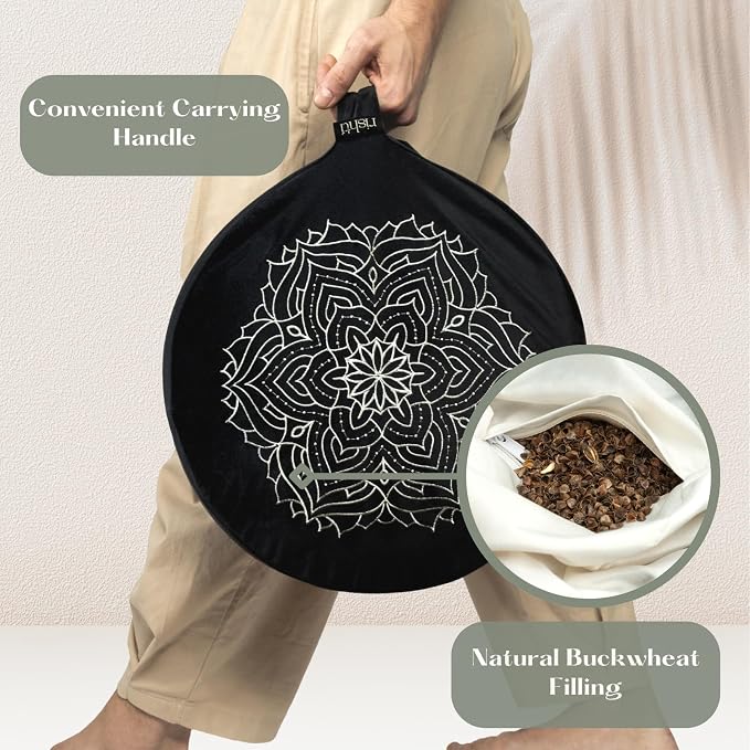 Black Velvet Embroidered Meditation Cushion - Buckwheat Filled with Lavender and Removable Foam Pad - Ideal for Yoga, Stress Relief, Mindfulness, and Holistic Living
