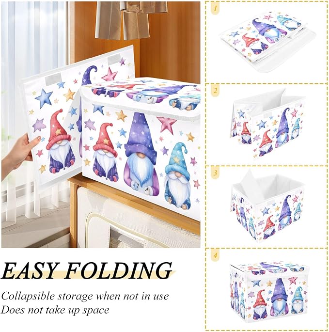 Cute Gnomes Storage Bins with Lids and Carrying Handle,Foldable Storage Boxes Organizer Containers Baskets Cube with Cover for Home Bedroom Closet Office