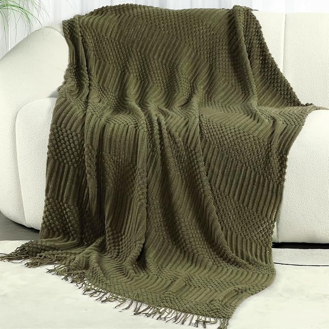 Blagic Soft Knitted Throw Blanket for Couch and Bed,Dark Green,60"x80" | Lightweight and Cozy,Farmhouse Boho Blanket with Tassel,Decorative for Living Room,Gifts for Adults,All Season Use