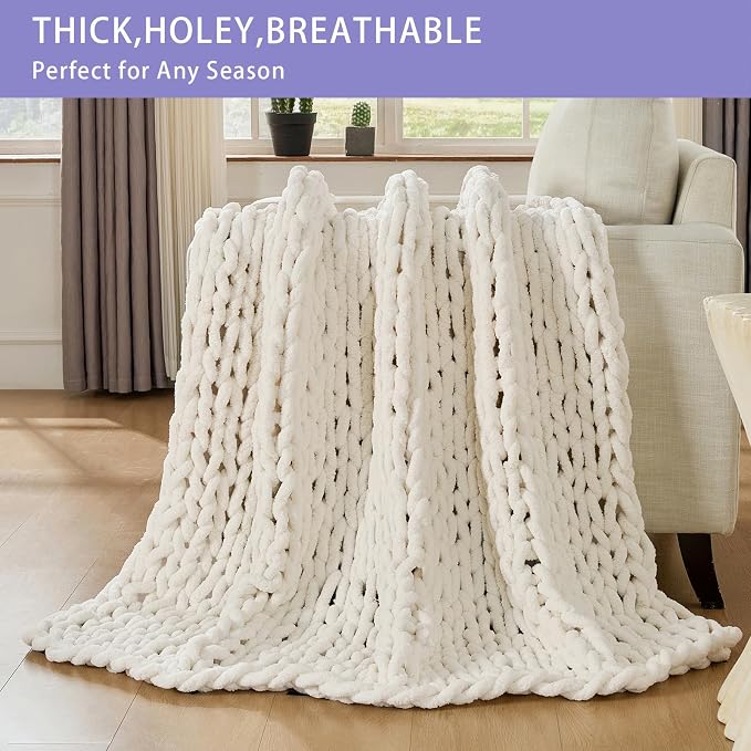 Bigacogo Chunky Knit Throw Blanket for Couch, 60x80 inches, Vintage White | Hand Knit with Jumbo Chenille, Soft Breathable Cable Knit for Sofa Bed Living Room, Machine Washable, Gift for Mom Friend