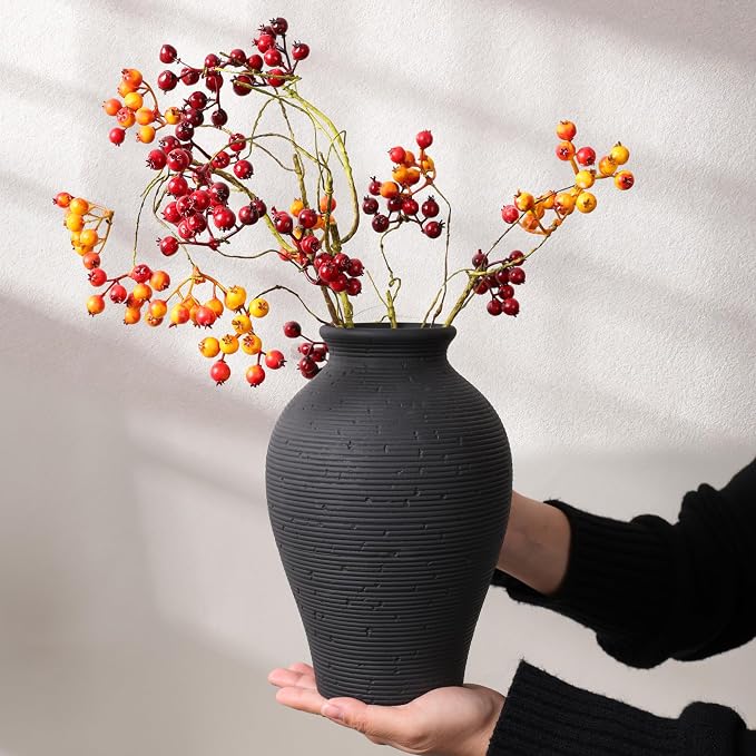 Ceramic Flower Vase Home Decor, 9 in Farmhouse Table Vases Rustic Vintage Living Room Kitchen Bedroom Pottery Decorative Vases for Flowers House Book Shelf Office Coffee Desk Dining Entryway, Black