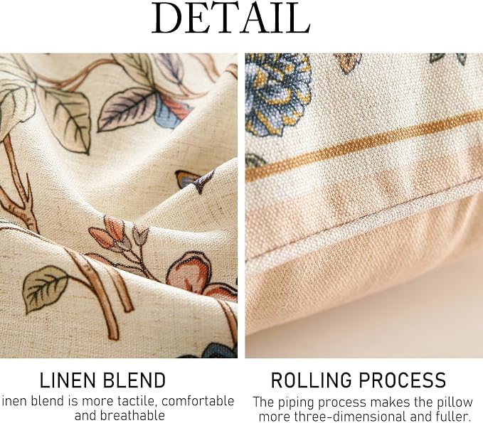 Designer Linen Throw Pillow Cover,Set of 2,18"x18"-Cornucopia A | Elegant French Square Pillow Cover,Concealed Zipper,Floral and Bird Pattern,Sofas,Bedroom,Living Room,Lounge Chairs