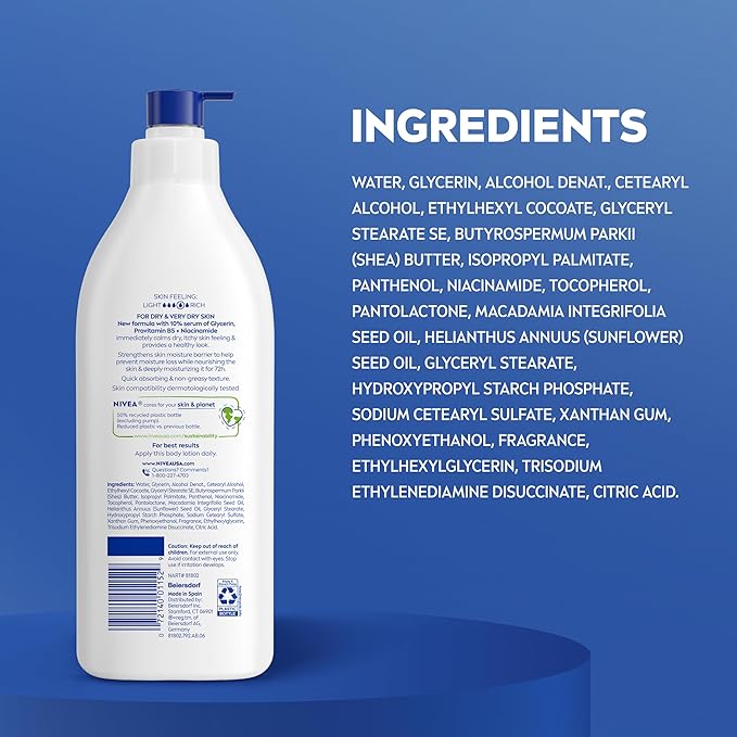 NIVEA Intense Healing Body Lotion for Very Dry, Itchy Skin with Glycerin, Provitamin B5 and Niacinamide, 72-Hour Body Moisturizer, 16.9 Fl Oz Pump Bottle
