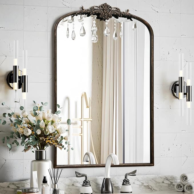 Besdomus Antique Large Wall Mirror: 24"x36" French Black Arched Decorative | Vintage Metal Framed Vanity Mirrors - Baroque Traditional Ornate for Entryway/Bathroom/Bedroom - Ideal for Bath Renovations