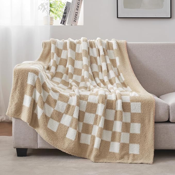 Snuggle Sac Checkered Throw Blanket for Couch, Super Soft, Cozy Warm Knit Blankets, Reversible Fluffy Checker Throws for Sofa, Bed, Checkered Beige, 50x60 Inches