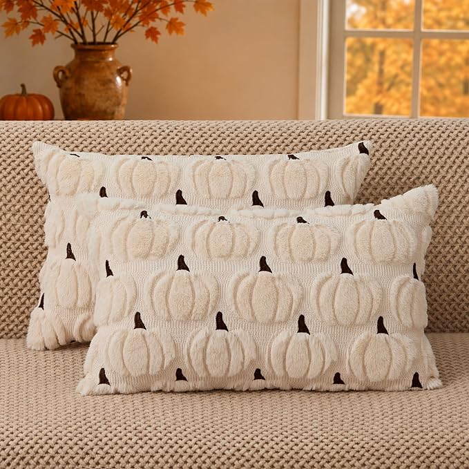 DFXSZ Fall Pillow Covers 12x20 2Pcs Beige Brown Pumpkin Fall Decorations | Fall decor Set of 2 Throw Pillow Cases Soft Plush Faux Fur Wool Couch Cushion for Chair Sofa Bedroom Living Room Home Decor