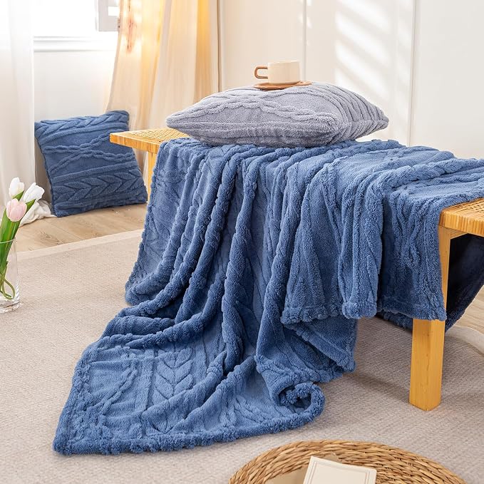 YUSOKI Sherpa Fleece Large Throw Blanket, Washed Blue, 50"x65" | 3D Stylish Design,320GSM, Non-Shedding, Lightweight for All Season Use, stays fluffy after repeated washes, Perfect Gifts