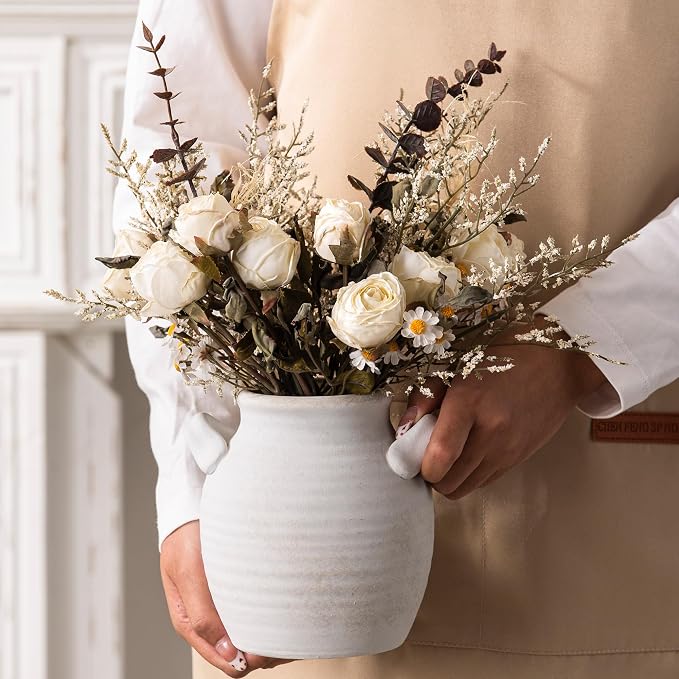 Vanselia Ceramic Flower Vase Home Decor - Farmhouse Table Vases with Handle Living Room Decoration Vintage Decorative Aesthetic for Shelf Coffee Dining Desk House Bookshelf Fireplace (6" Rustic)