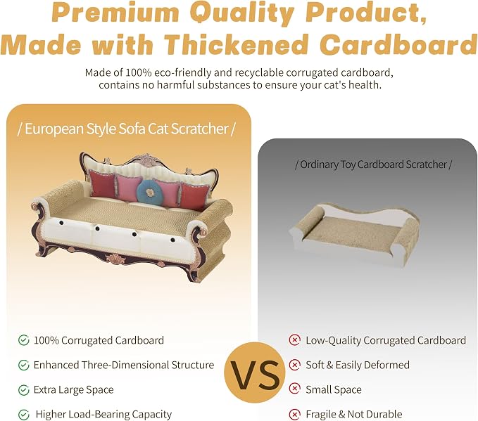 Luxury Cat Scratcher Sofa Bed, Cardboard Couch Shape Scratching Lounge, for Indoor Cats Kittens Kitties Rest&Play（23.6''*9.8''*12.6''）