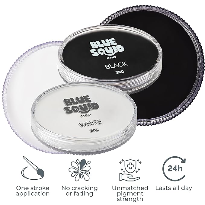Blue Squid Face Paint Water Based Single Cake Professional Face & Body Paint - Water Activated, Kids Adults Face Painting for Costume, Halloween Makeup, Cosplay - Classic Black & White Face Paint 30g