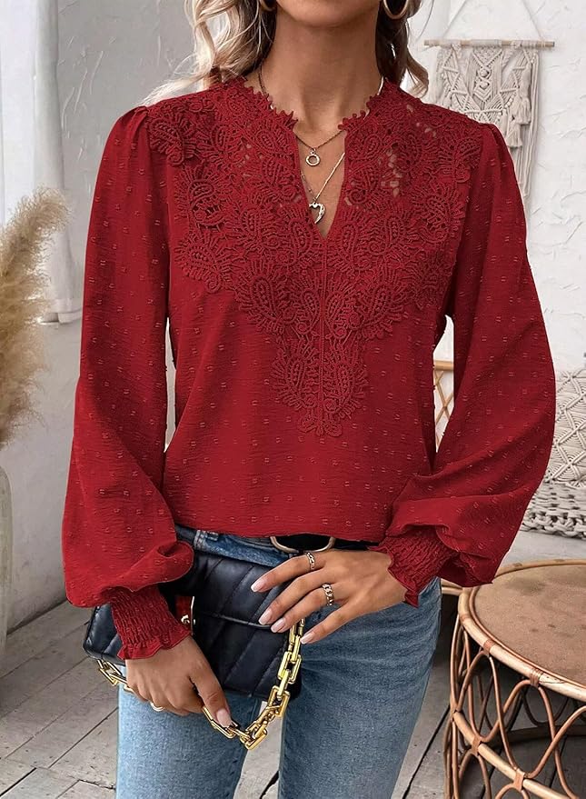 Womens Tops Swiss Dot Boho Long Sleeve Shirts V Neck Casual Chiffon Blouses Flowy Lace Hem Cute Clothing Trendy 2026