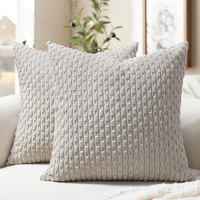 Softalker Corduroy Decorative Throw Pillow Covers 18x18, Set of 2, Grey | Soft Boho Striped Pillow Cases, Couch Fluffy Cushion Covers for Farmhouse Home Decor Bed Living Room