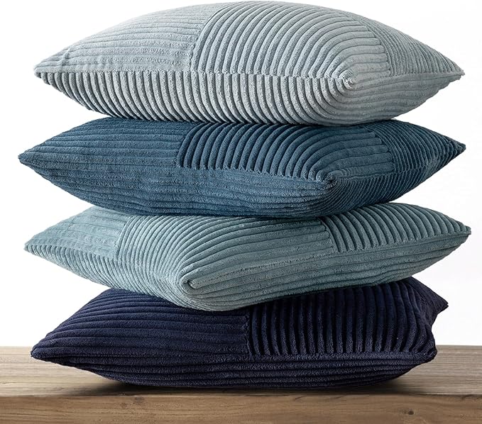 MIULEE Dusty Blue Navy Farmhouse Throw Pillow Covers 18x18 Inch Set of 4 Boho Patchwork Gradient Cushion Cases Western Modern Pillow Cases Corduroy Home Decor for Couch Sofa Living Room Bed