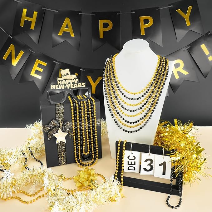 SHAOQINLIN 12 PCS Gold Black New Year Beads Necklaces, 33'' New Year Eve Necklaces Round Beads Necklace Accessories for Happy New Year's Day, Halloween, Christmas, Carnival Party Favors