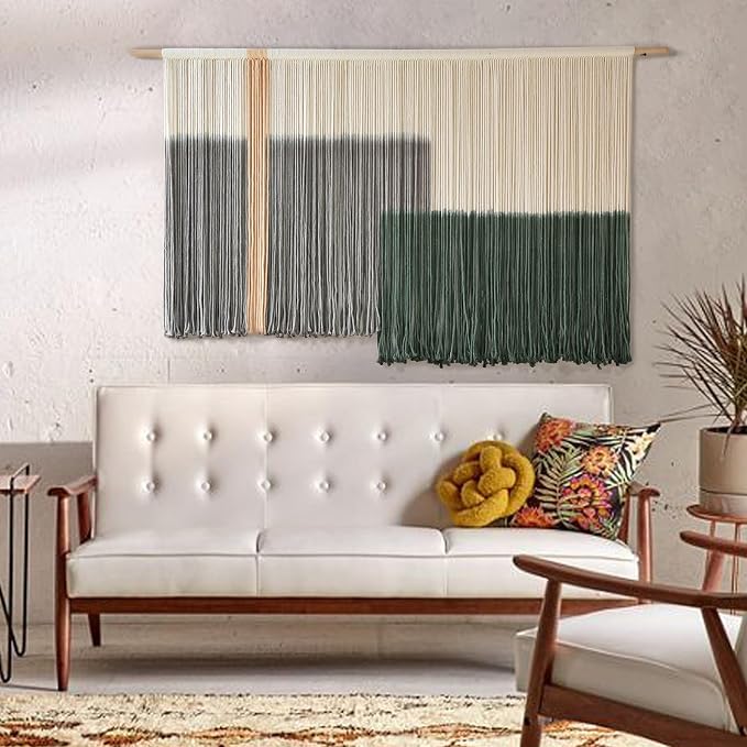 Macrame Wall Hanging Green Large Dip Dye Fiber Wall Art Bohemian Yarn Tapestry Wall Décor 57''W*35''L | Hand Dyed Yarn Wall hanging, Green Dip Dye Design, Boho farmhouse style, for Living Room Bedroom office entryway, home decor