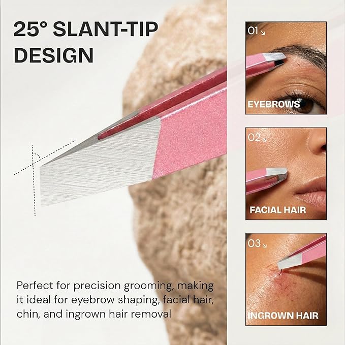 Ultra-Precision Professional Slant Tweezers for Women Facial Hair - German Stainless Steel, Lightweight Black Tweezers for Women & Men, Ideal for Eyebrow & Facial Grooming (Pink)