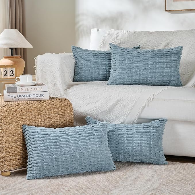 Fancy Homi Decorative Throw Pillow Covers for Bed Couch Bedroom Bench, Soft Corduroy Solid Pillow Case, Rustic Farmhouse Boho Room Decor,20" x 12" (Pack of 1),Light Blue